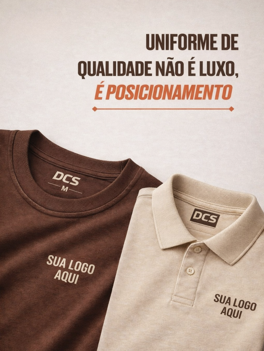 Camiseta marrom e polo bege com etiqueta DCS na gola
