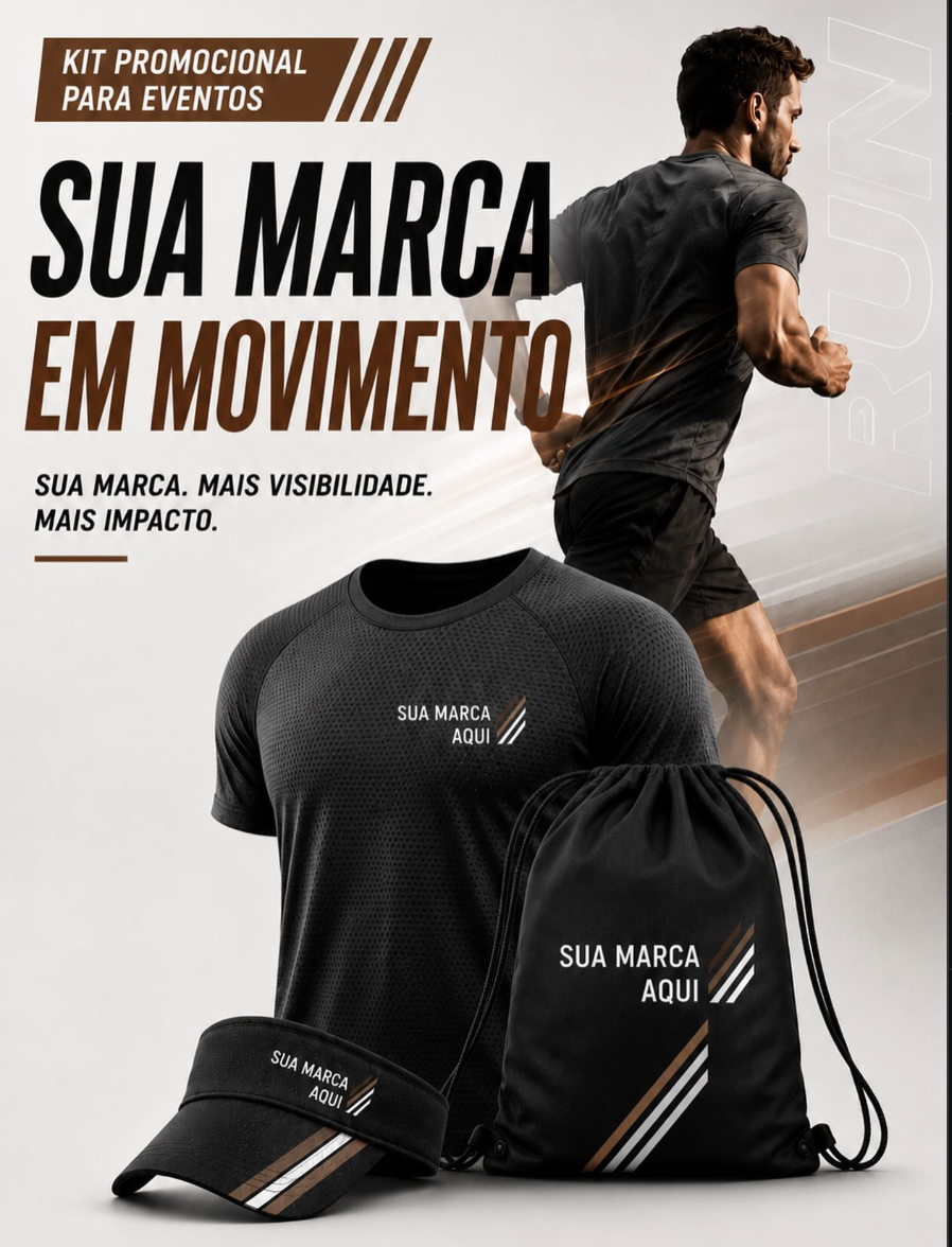 Kit promocional para eventos com camiseta, boné e mochila estampados